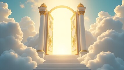 Golden gates beckon from within fluffy clouds, symbolizing a transition to an ethereal realm. This entrance to heaven represents a spiritual journey, a holy place, and a divine presence.