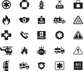 Emergency and safety icon set. Vector glyph pictograms of ambulance, fire, police, SOS, evacuation, natural disaster response, medical aid, law enforcement, black silhouette illustration. v2