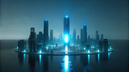 Fototapeta premium Futuristic cityscape with blue neon lights on water