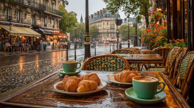 Street caf&eacute; in Paris with croissants and coffee on a rainy morning