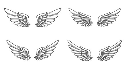 Collection of four stylized angel wings in outline drawing