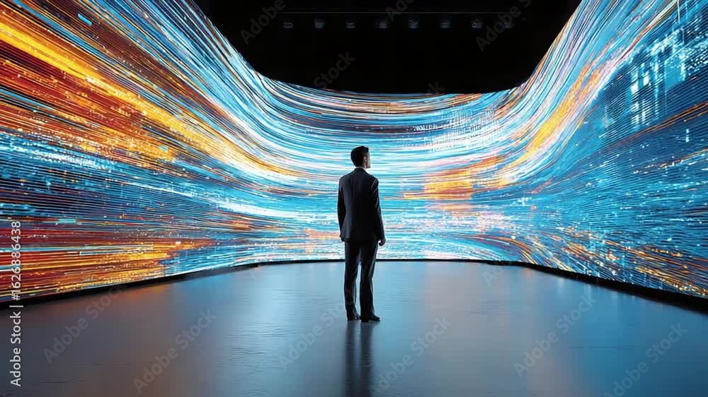 Poster data stream vision: a solitary figure stands amidst a vibrant, dynamic display of data streams. this