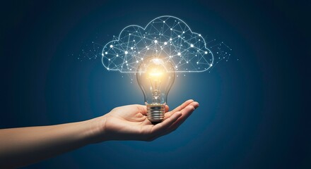 Conceptual cloud computing illustration with lightbulb in hand shining bright idea generation and innovative technology on dark blue background