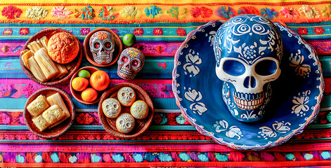 Colorful sugar skull celebrating dia de muertos with traditional food like pan de muerto and tamales