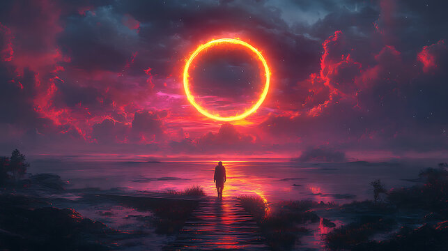Solitary Figure Contemplating a Fiery Celestial Ring at Sunset