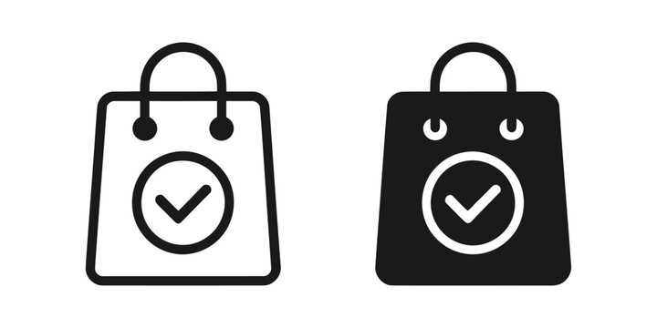 Order confirmed icon. Shopping bag with check mark for successful purchase.