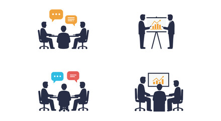 Business meeting and presentation icons with people silhouettes