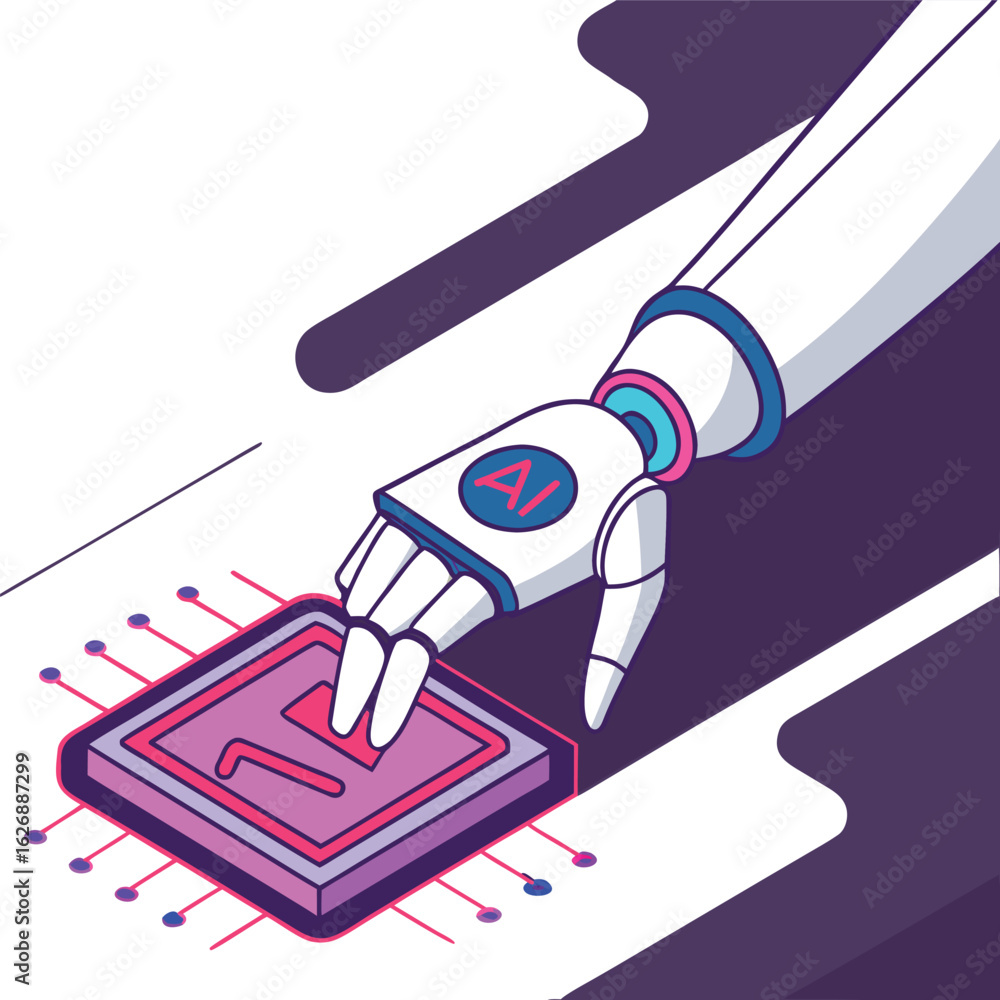 Poster vector art of robotic hand placing an ai chip on a circuit board isolated on white background
