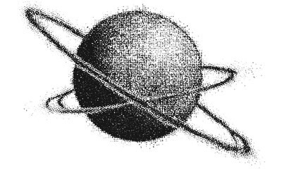 Retro planet design with grunge halftone stipple effect, perfect for Y2K punk collage. Vector illustration featuring grainy photocopy texture for experimental dotted banners, vintage style © Icons bundle Studio