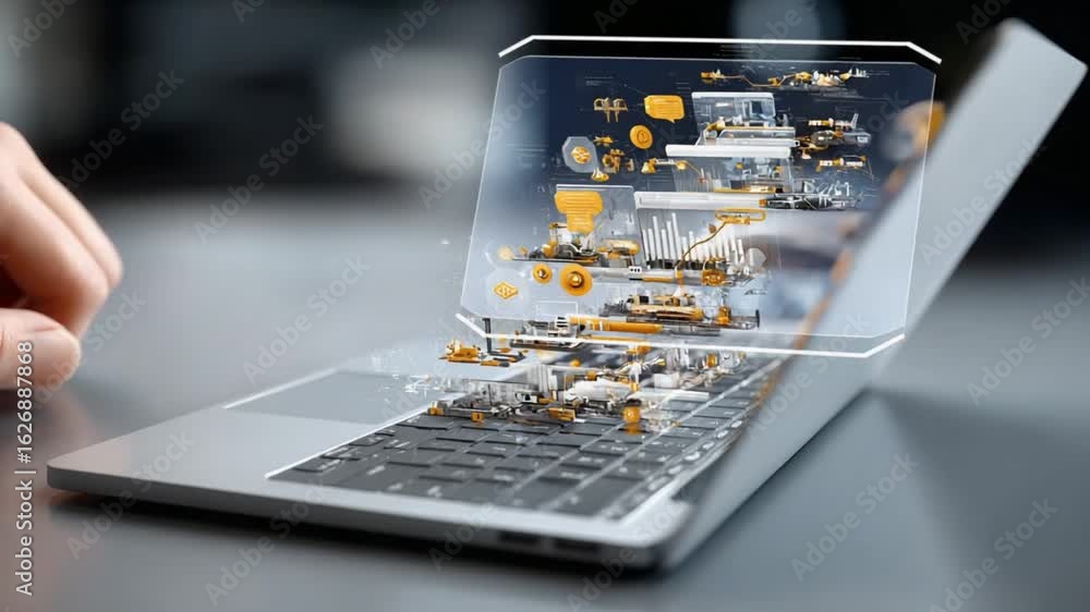 Poster innovative technological interface: a person interacts with an advanced laptop, featuring a transpar