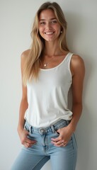 Obraz premium Smiling woman in casual attire exuding confidence