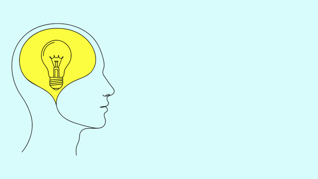 Ein Gedanke durch Brainstorming und Konzentration. Vektor-Banner f&uuml;r Bildung, Intelligenz und Fortschritt. Die Erfindung als Resultat von kreativem Denken. Mental und kognitiv.