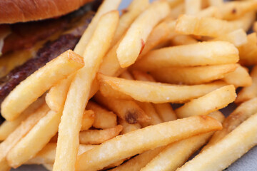 Golden French fries served freshly prepared, paired with a delicious cheeseburger in the background. Captures fast food, comfort eating, or snack concepts.