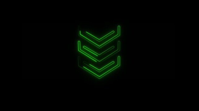 Stacked Neon Chevron Arrows Pointing Downward in Vibrant Green on Black image photo