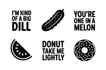 Funny food puns with pickle watermelon and donut illustrations vector