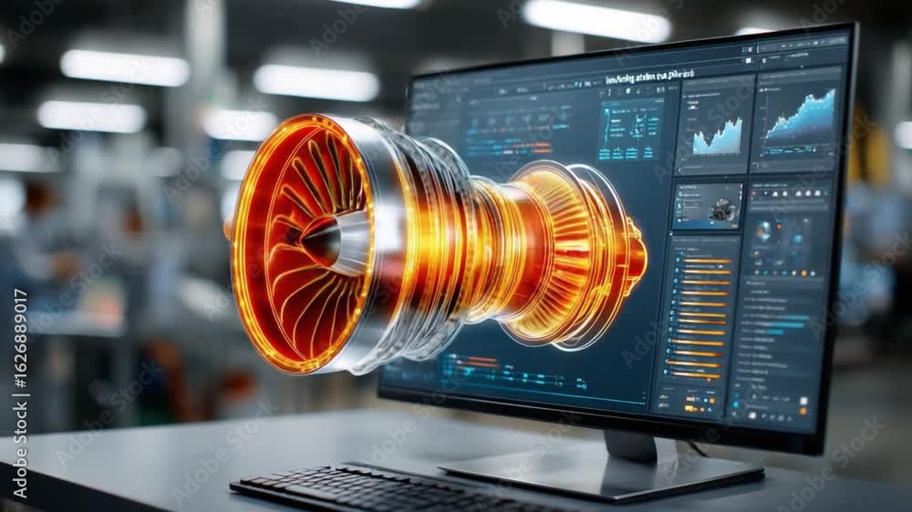 Poster digital turbine engine design: a detailed digital rendering of a turbine engine, projected on a comp