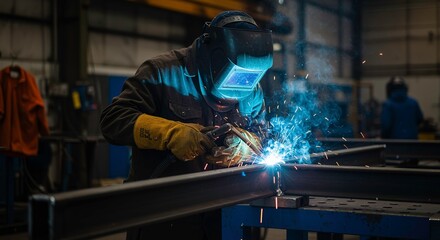 Professional Welder Working on Metal Structure in Dark Industrial Workshop Sparks Fly Safely Equipped Welding Safety