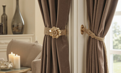 A set of mocha mousse curtain tiebacks with gold floral-shaped embellishments, holding heavy taupe velvet curtains. The backdrop shows