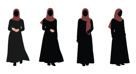 Four Muslim Women in Traditional Dress Abaya and Hijab Isolated on White