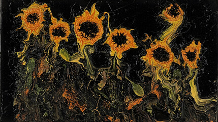 Abstract sunflowers on black background