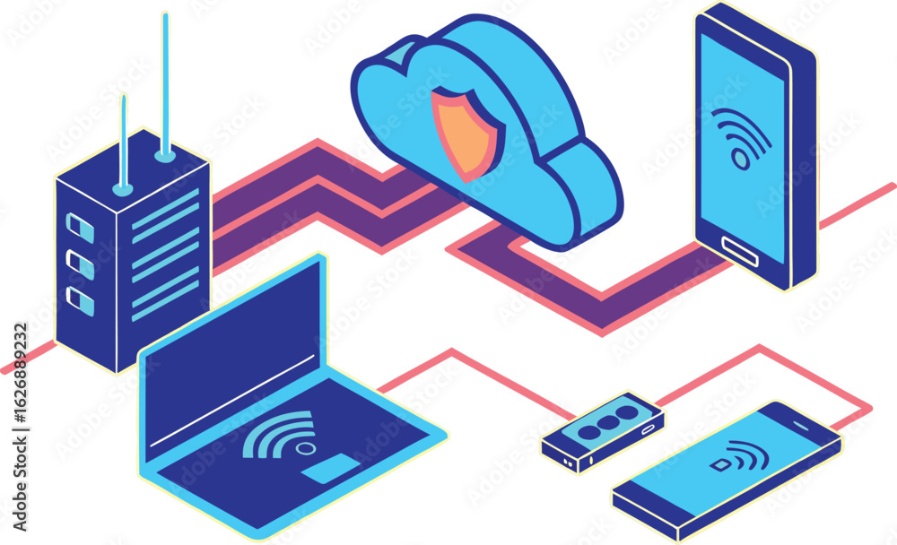 Poster vector art of isometric illustration of network devices connected to cloud server isolated on white 
