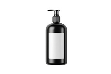 Black bottle with pump for shampoo, white label on the front, top view isolated on a transparent background in PNG format