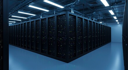 Server room datacenter with rows of rack servers representing digital transformation and cloud computing infrastructure for data storage and processing systems