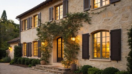 A charming Tuscan-style villa, exuding warmth with its stucco facade, terra cotta roof tiles, and dark wooden shutters. Golden light spills from the windows, highlighting lush green ivy clinging 