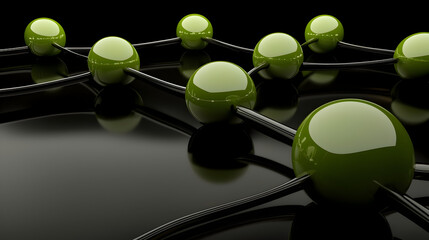 Abstract network of connected olive-green spheres on black reflective surface, suitable for technology or connection concepts