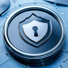 Abstract digital shield icon on a light blue background.  Possible use for security, technology, or business concept