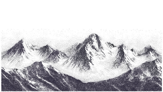 Vintage halftone vector with grainy noise overlay on abstract dotted mountain peaks. Retro grunge texture across snowy hills in mounted landscape style. Artistic rough terrain collage