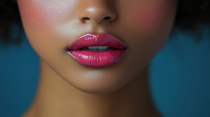 Obraz premium Close-up of a Woman's Lips with Pink Lipstick Against a Teal Background