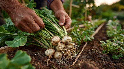 Male farmer's hands harvesting fresh bunch of organic white turnips from rich garden soil