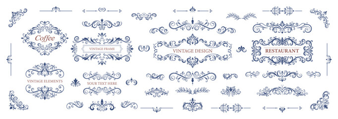 Elegant collection of vintage design elements including flourishes, borders, and ornate frames, perfect for menus, invitations, or branding. Vector illustration.
