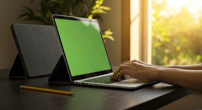 Typing on laptop with green screen in a bright office space perfect for work from home and remote work concepts