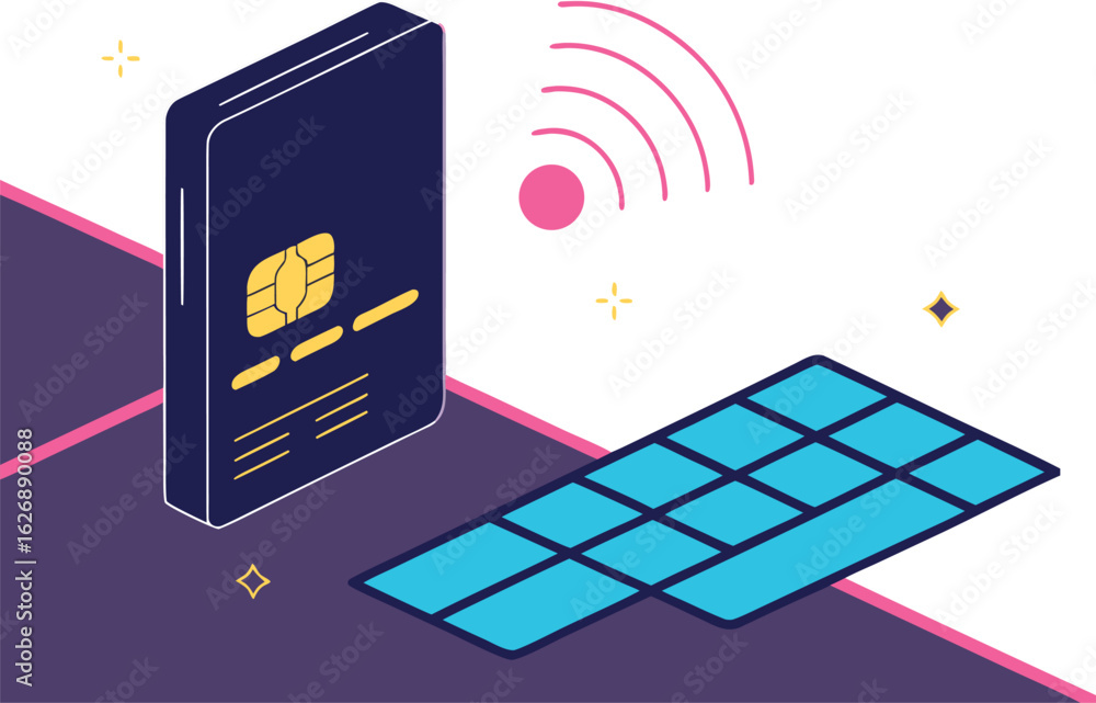 Poster vector art of isometric view of a credit card with wireless payment technology isolated on white bac