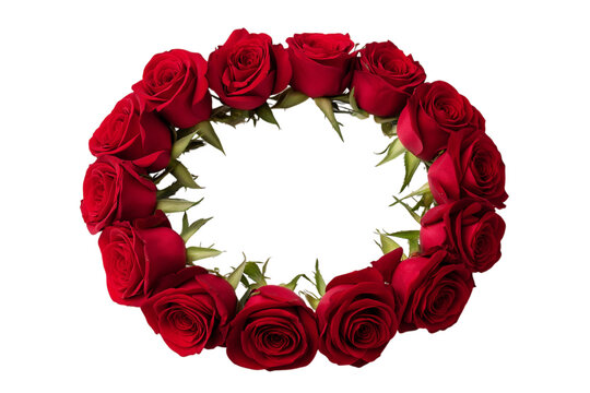 Red roses arranged in the shape of a circle, forming a circular frame isolated on a transparent background in PNG format.