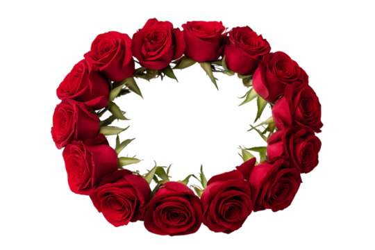 Red roses arranged in the shape of a circle, forming a circular frame isolated on a transparent background in PNG format.