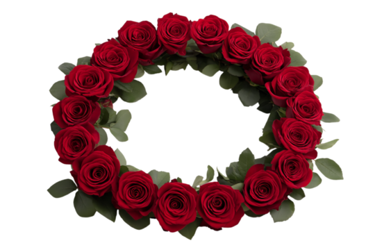 Red roses arranged in the shape of a circle, forming a circular frame isolated on a transparent background in PNG format. - Powered by Adobe