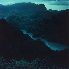 Mountainous valley at twilight