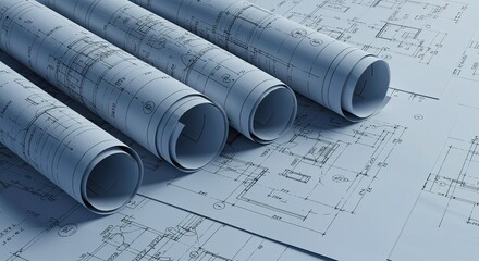 Architectural blueprints rolled up and scattered across the table representing design and planning for construction projects and building development for a better future