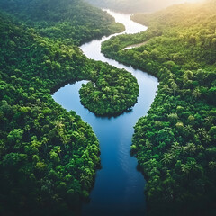 Lush tropical river meandering through dense jungle foliage from high angle, nature preservation, sustainable tourism potential