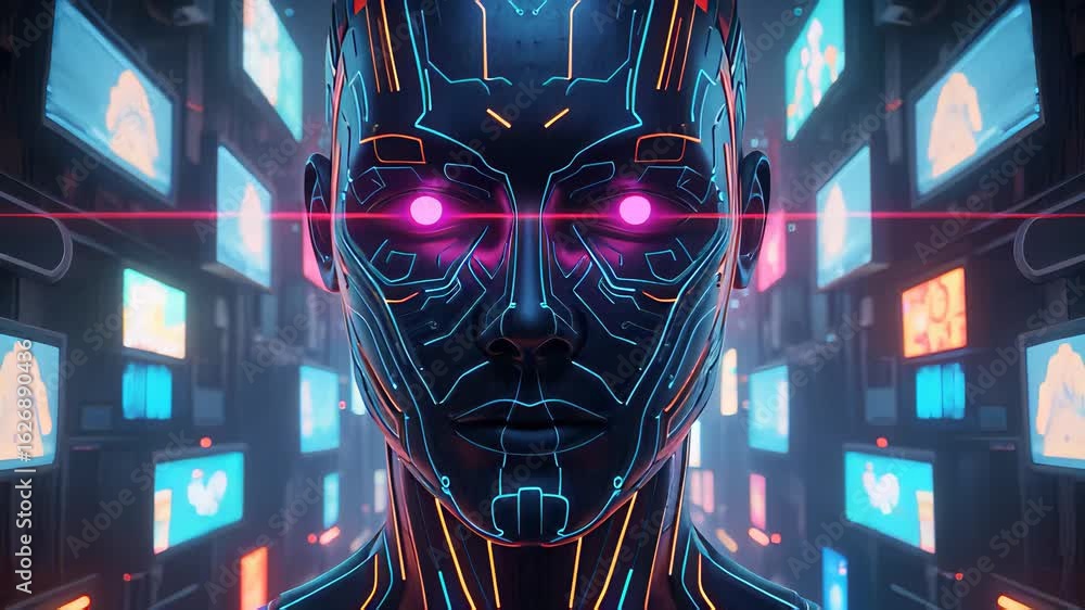 Poster futuristic humanoid robot in a high-tech environment with glowing features