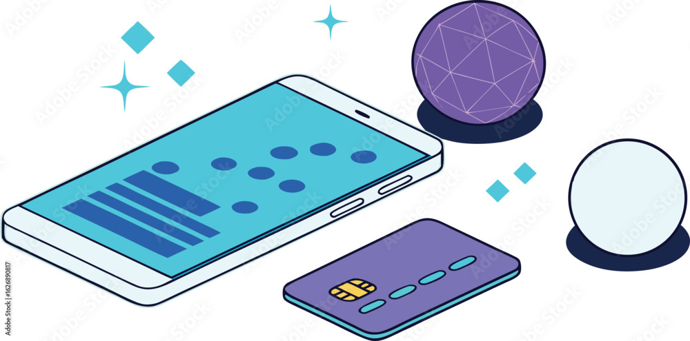Poster vector art of isometric view of a smartphone with credit card and data analysis isolated on white ba