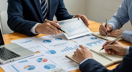 Business Meeting and Financial Analysis Examining Data and Chart Reports on a Tablet and Notebook Working on Growth Strategies