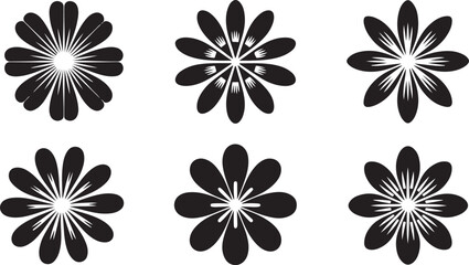 Six stylized black floral designs varying petal shapes and inner details symmetrical patterns