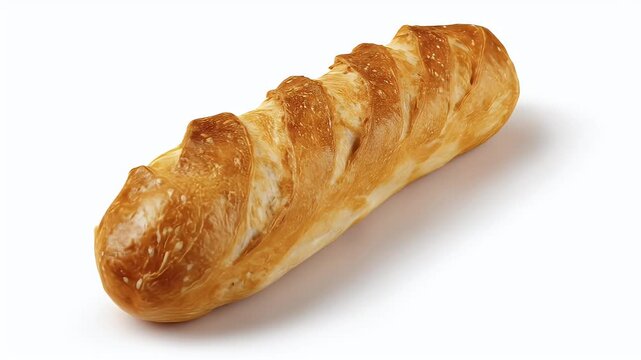 A freshly baked golden-brown loaf of bread slowly rotates on a clean, isolated white background in a 360-degree loop.