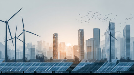 Obraz premium Sustainable city powered by renewable energy with wind turbines and solar panels against urban skyline backdrop offering a clean energy solution