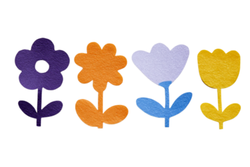 A set of five flowers made from paper, each with three petals in different colors - orange, blue, and purple. isolated on a transparent background in PNG format