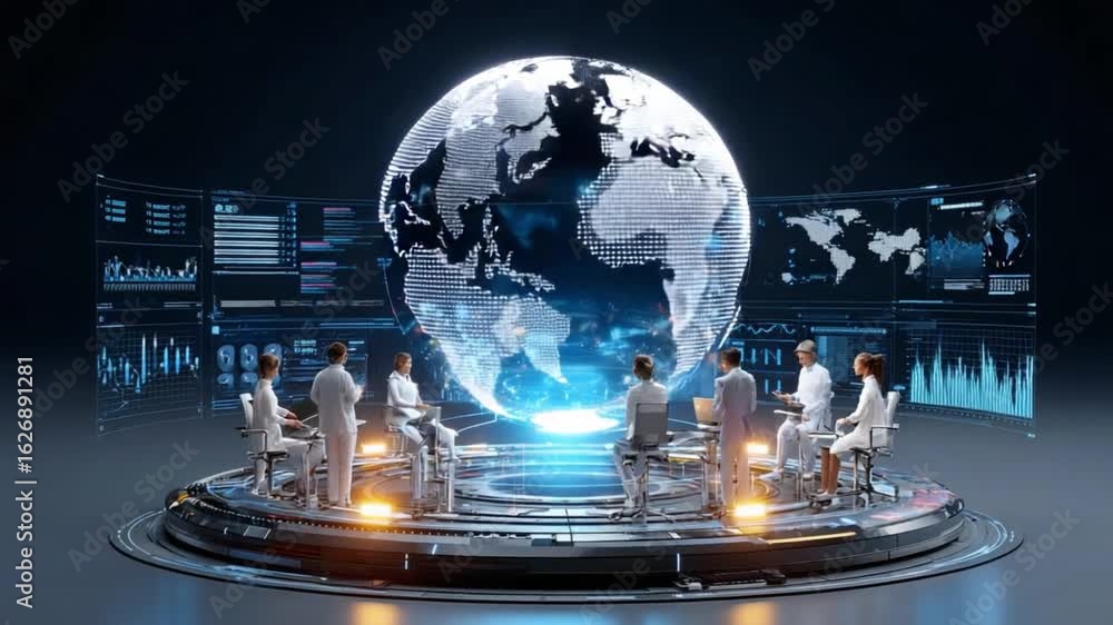 Poster global collaboration: a team of professionals collaboratively examines a digital globe representing 